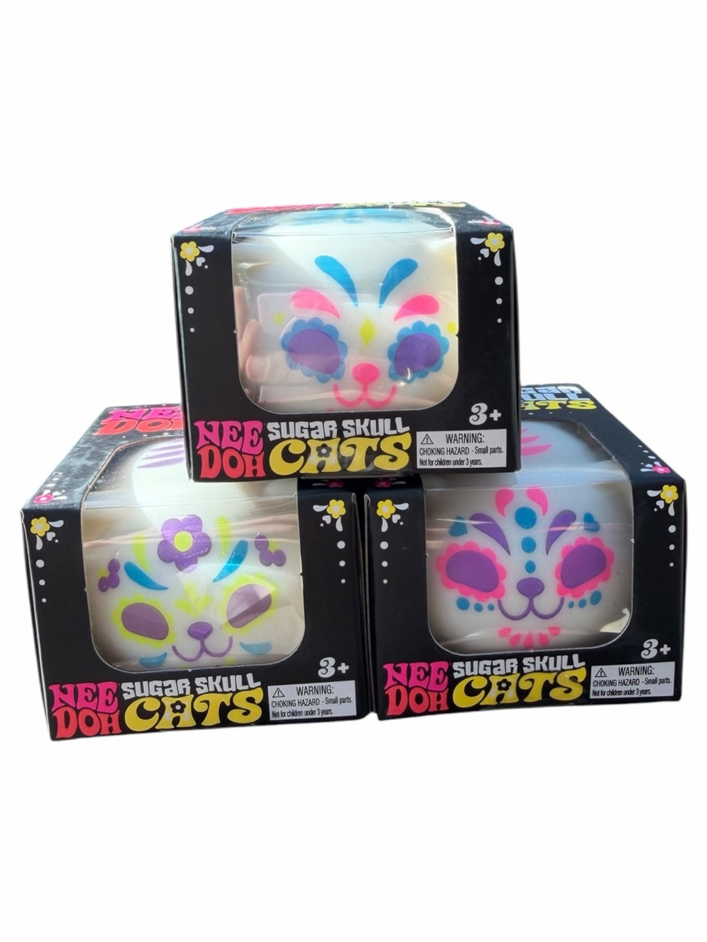 Needoh Sugar Skull Cats Squishy Set of 3 Pink Blue Purple NEW Glow in the Dark